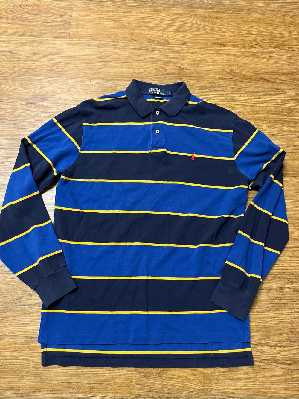 Polo Ralph Lauren Vintage Striped Long Sleeve Rugby Shirt Blue Yellow Large